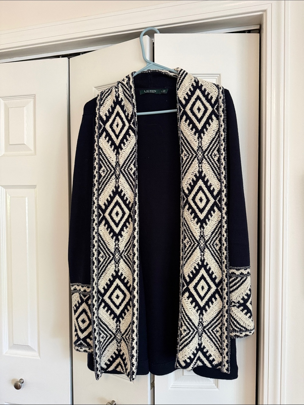 Ralph Lauren Navy and Ivory Geometric Open-Front Cardigan